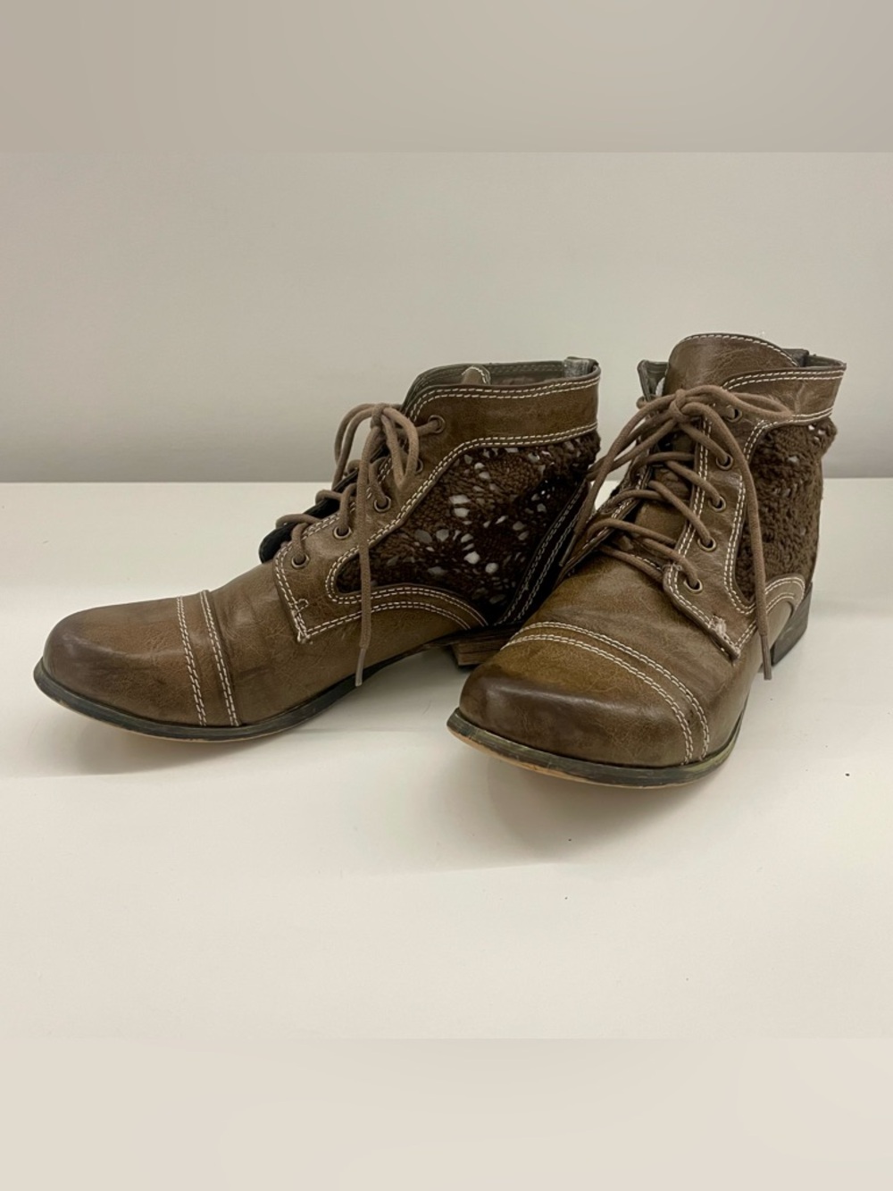 Aphorism Brown Lace-Up Crochet Detail Ankle Boots